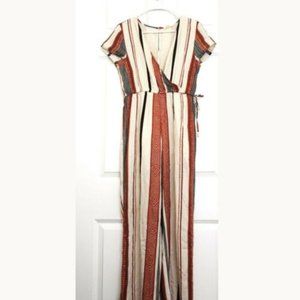 Mi ami Stripes Jumpsuit Faux Wrap Orange Fall Boho Casual Sz Small